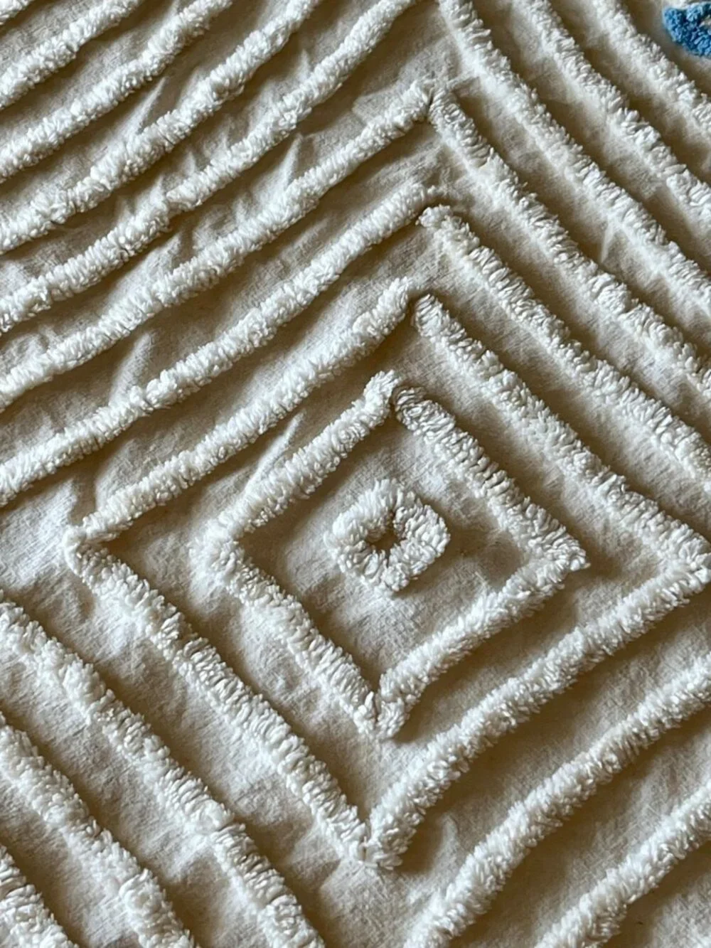 Vintage Ivory & Blue Chenille Bedspread With Floral Design For Full/Queen Bed
